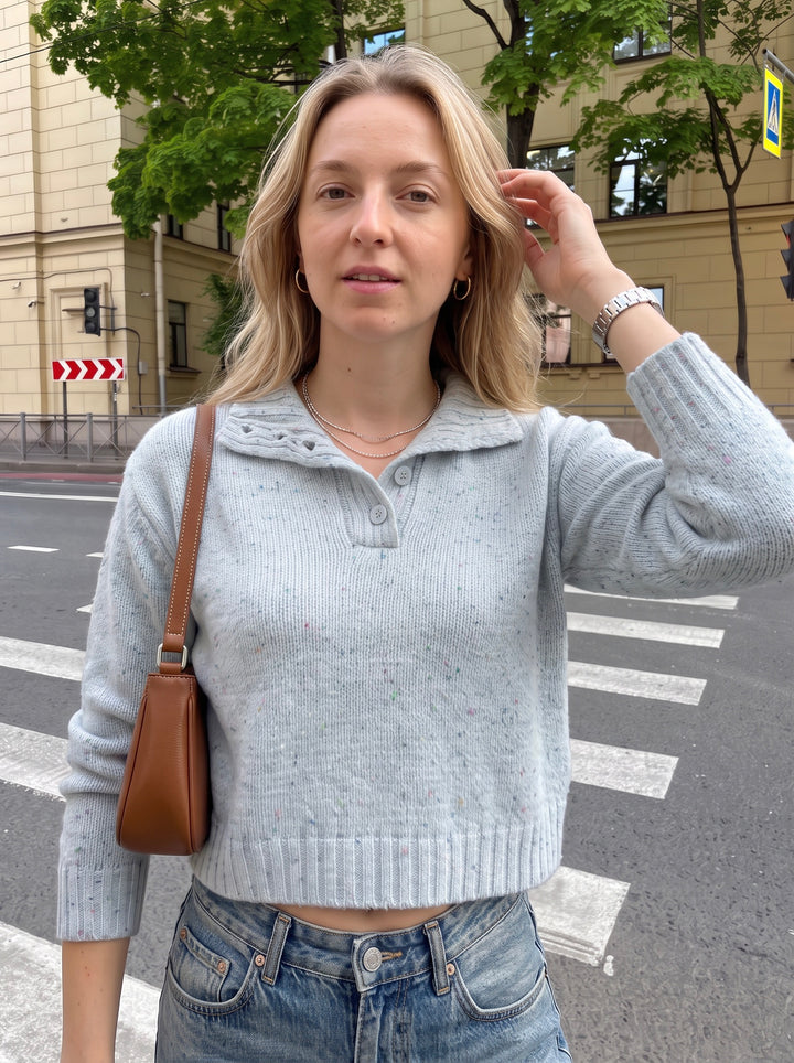 Cozy Speckled Collar Crop Sweater