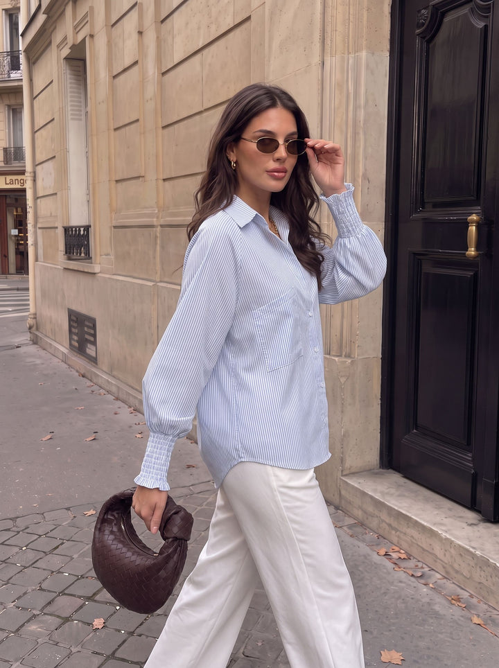 Oversized Striped Smocked Sleeve Button Shirt