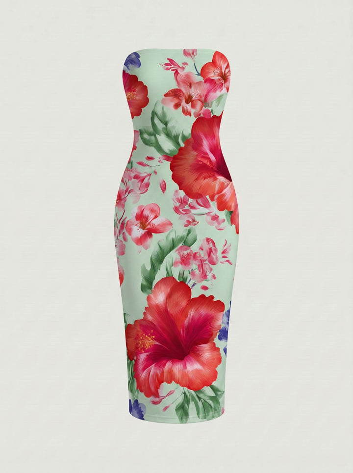 MAIA Tropical Hibiscus Print Strapless Sheath Midi Dress