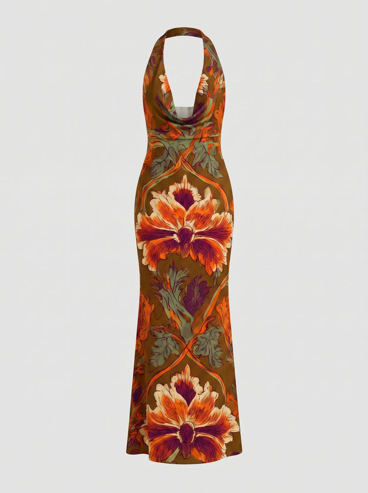 LILA Vintage Art Nouveau Print Cowl Neck Bodycon Maxi Dress