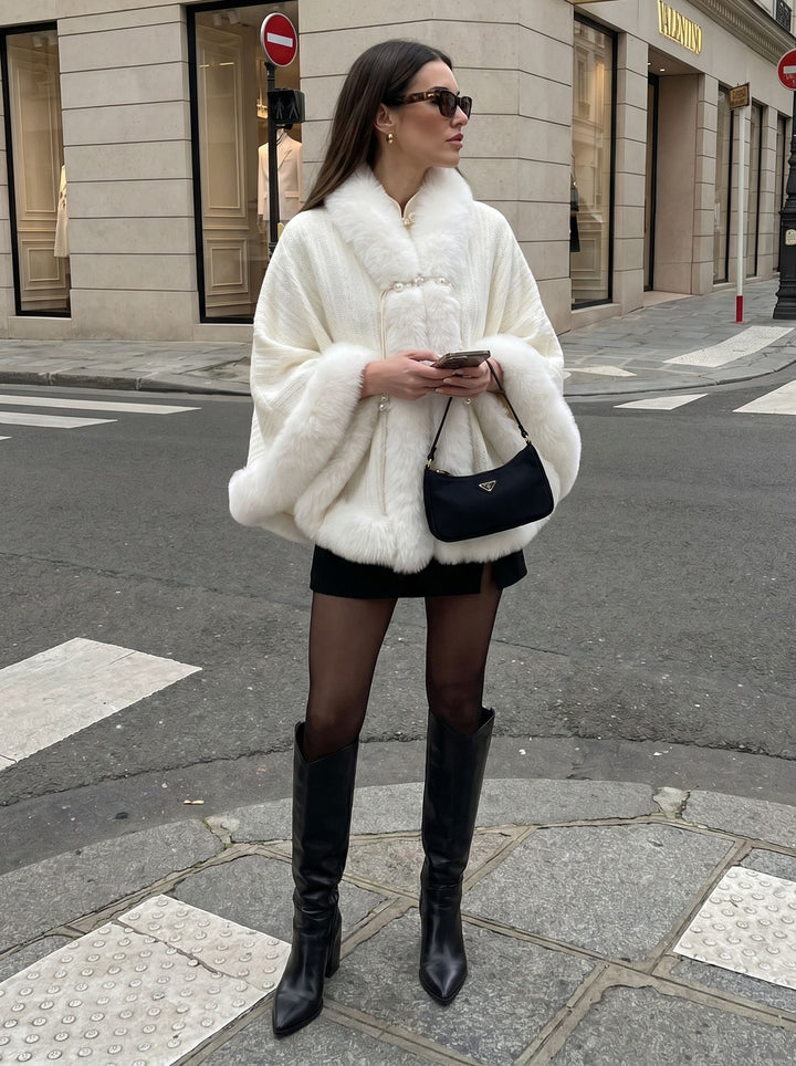 Elegant Faux Fur Trim Cape Coat