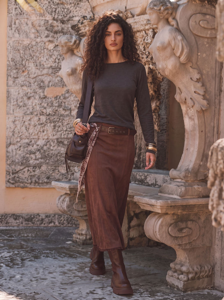 Faux Suede Distressed Midi Skirt