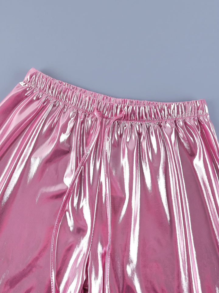Metallic Satin Drawstring Wide Leg Pants