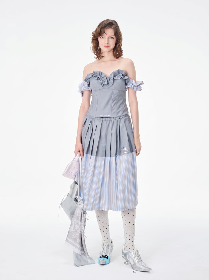 Colorblock Striped Pleated Midi Skirt