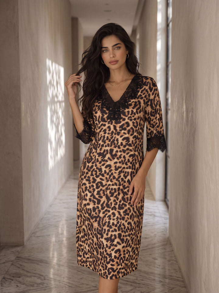 Leopard Lace Trim Nightgown Sleepdress