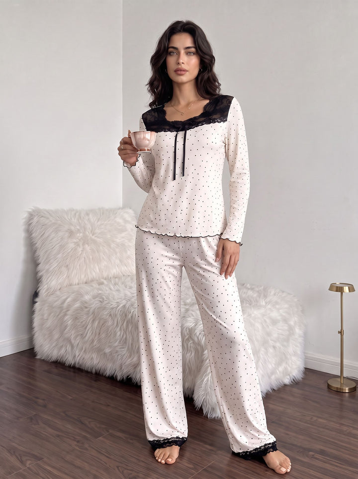 Lace Trim Polka Dot Pajama Set