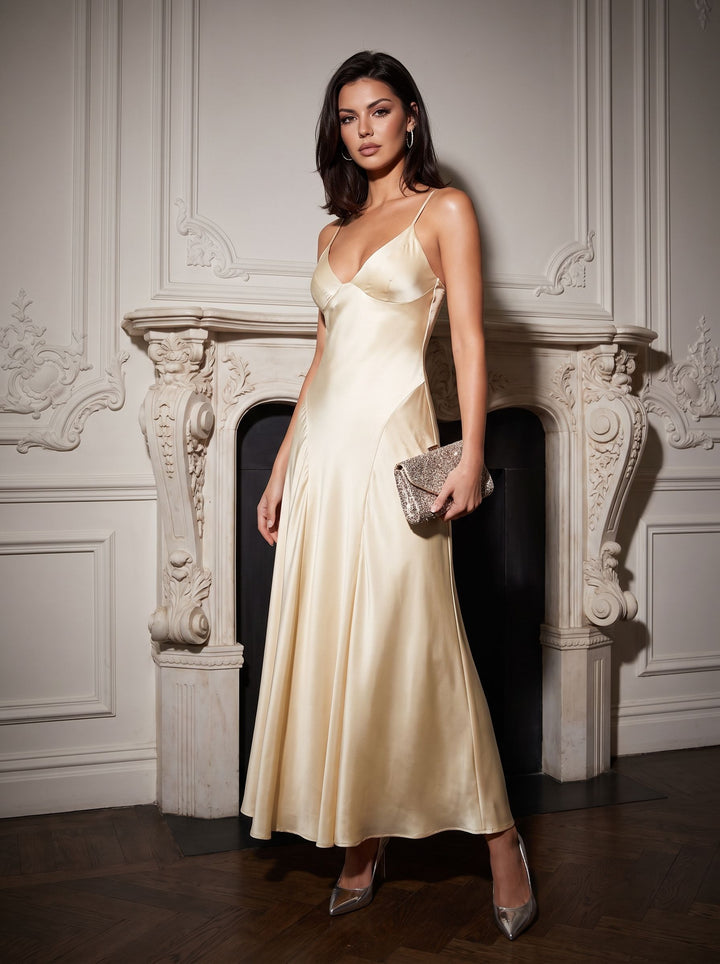 Elegant Satin V Neck Midi Dress