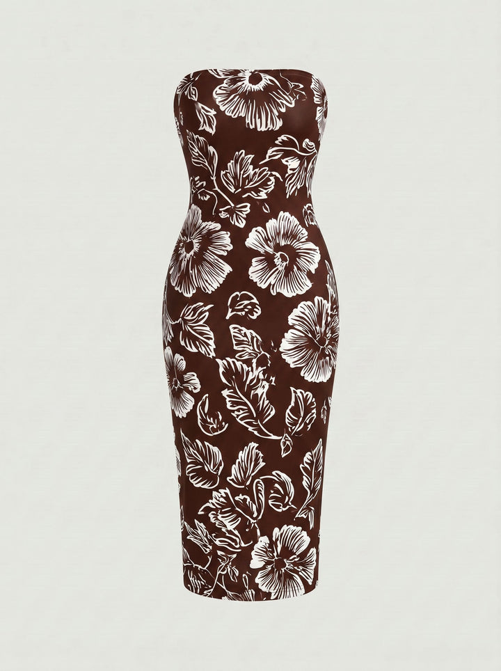 MAIA Tropical Hibiscus Print Strapless Sheath Midi Dress