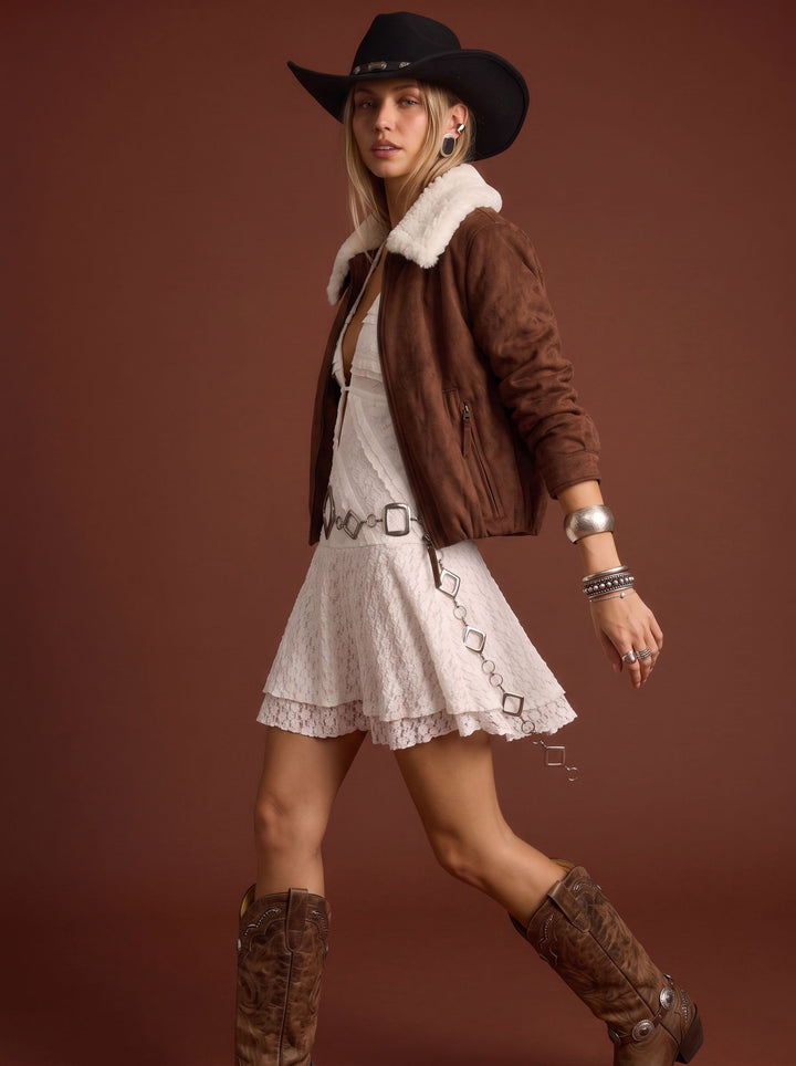 Faux Suede Shearling Collar Jacket