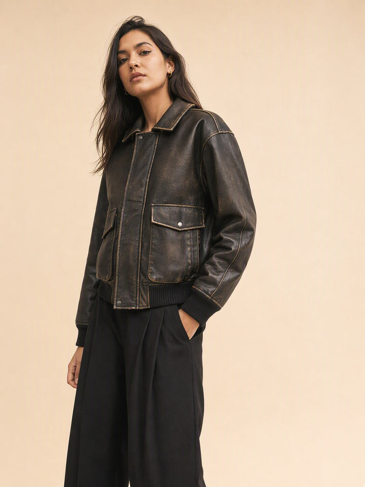 Distressed Oversized Vintage Leather Bomber Jacket
