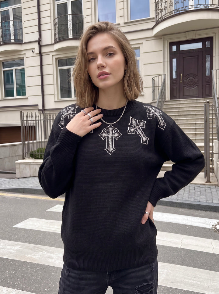 Gothic Cross Graphic Oversized Sweater