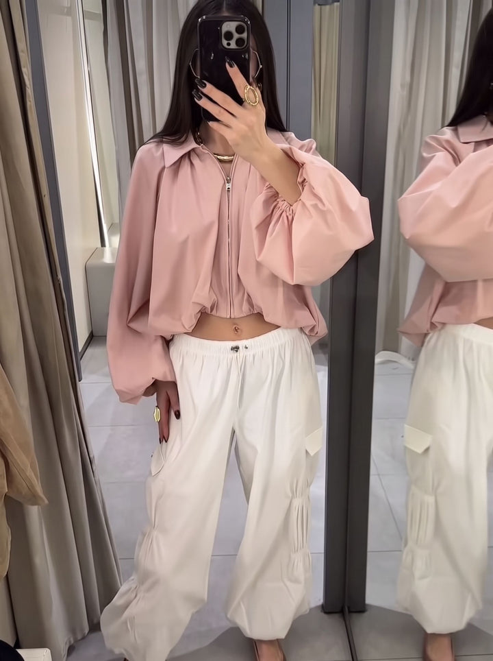 Oversized Pleated Zip Up Jacket