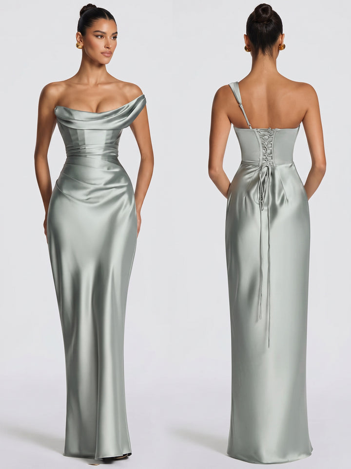 Satin Corset Back Formal Maxi Dress
