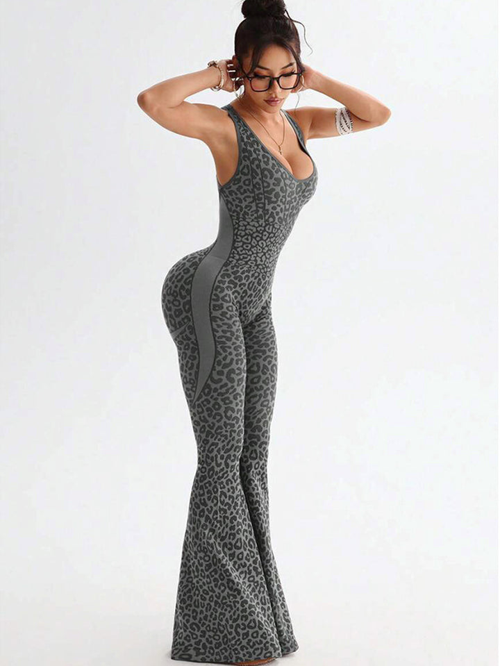 Leopard-Print Racerback Flared-Leg Workout Jumpsuit