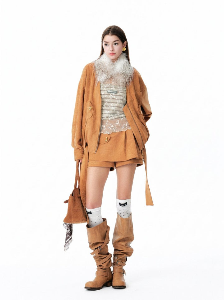 Suede Pleated Wrap Skort Shorts