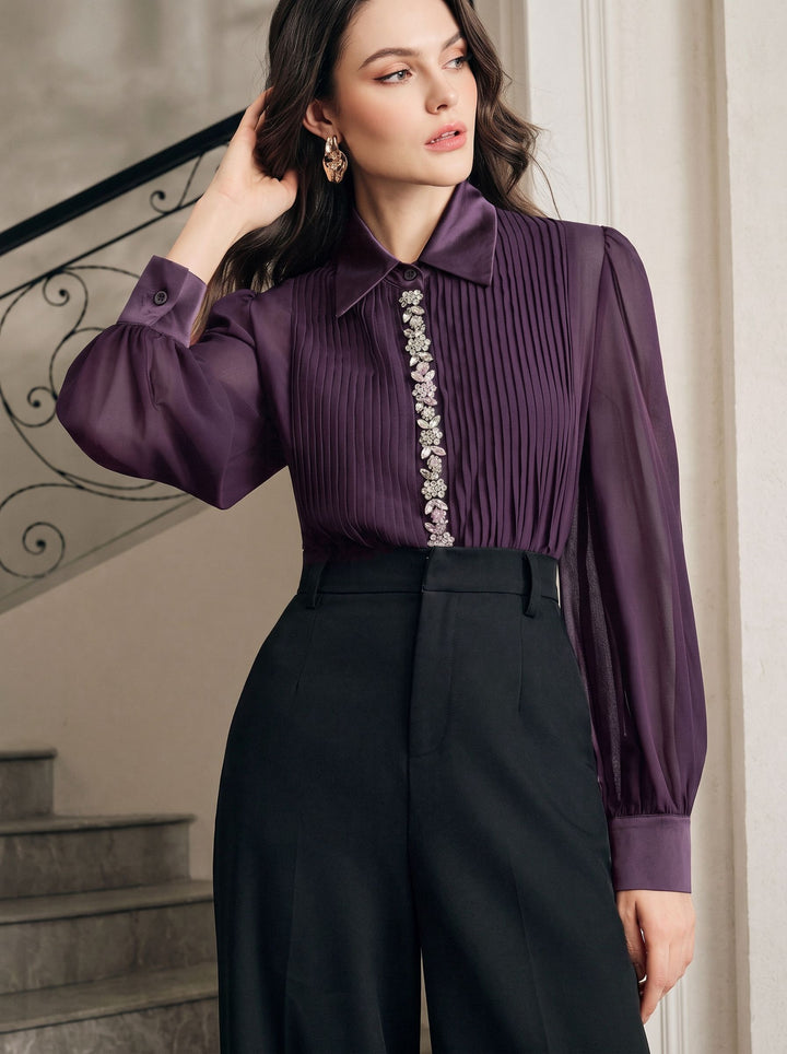 Elegant Pleated Sheer Chiffon Blouse