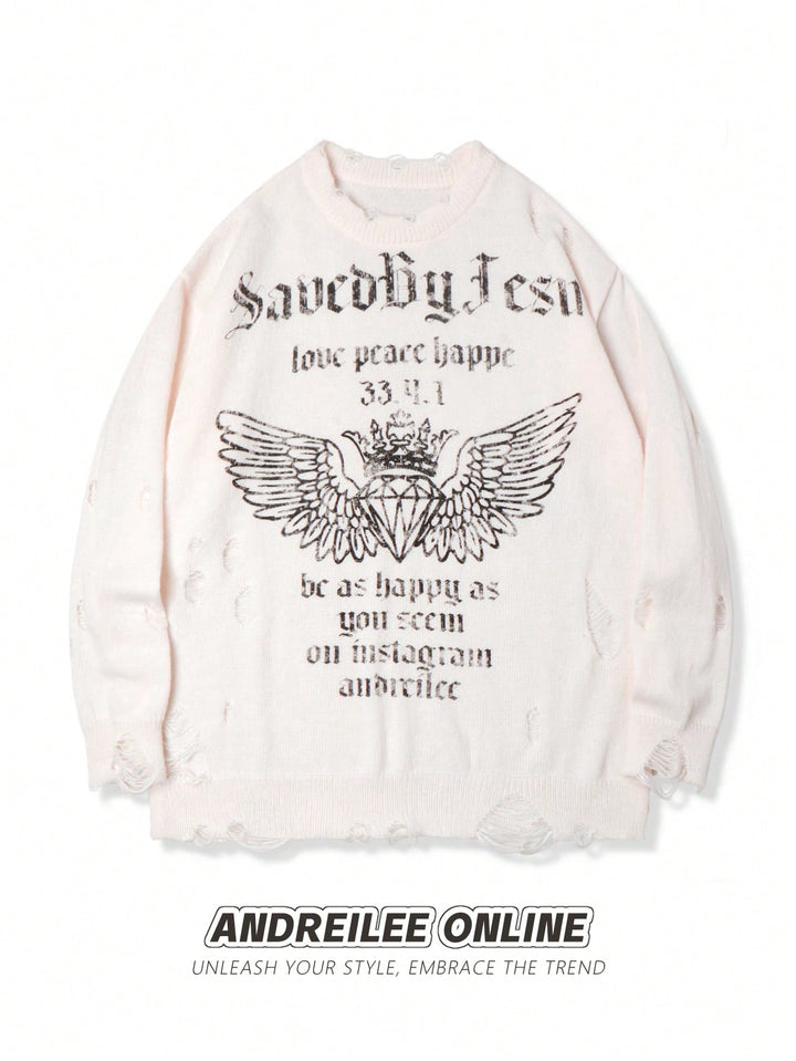 Distressed Graphic Oversized Knit Sweater