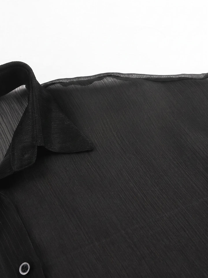 Sheer Balloon Sleeve Button Up Shirt