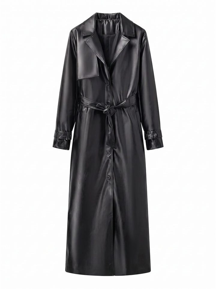 Elegant Belted Faux Leather Trench Coat