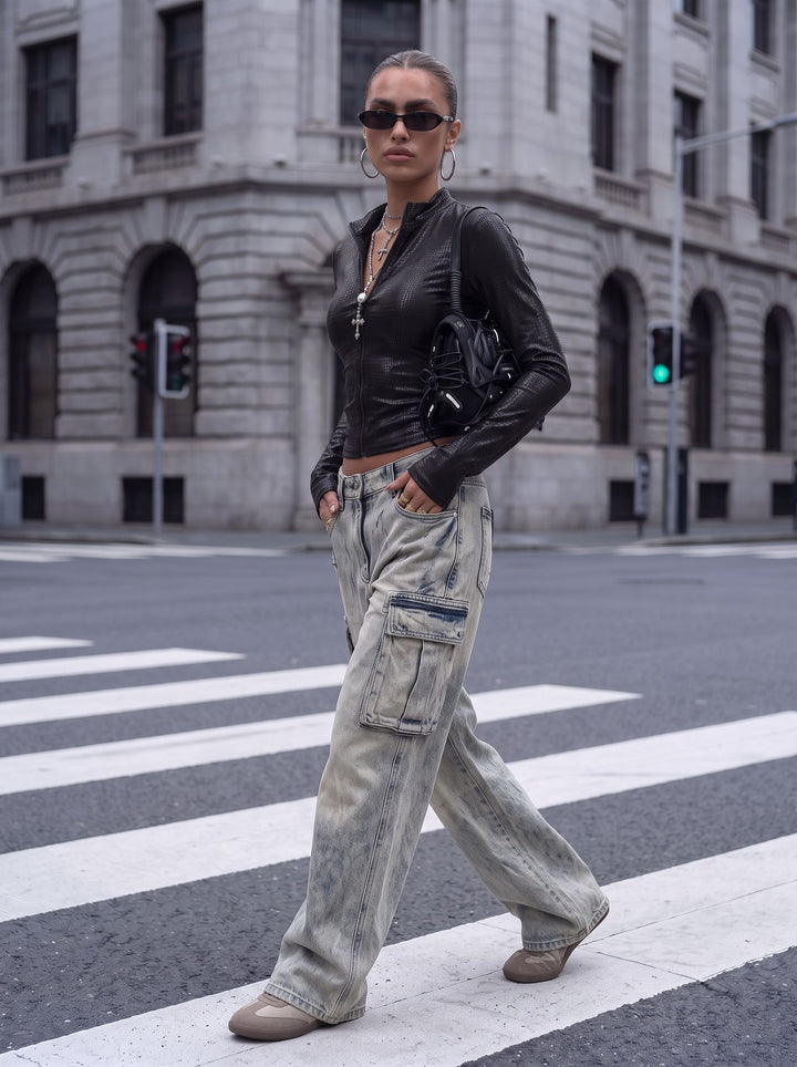 Cropped Faux Leather Zip Jacket