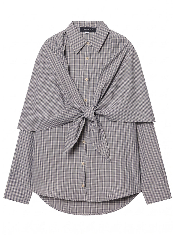 Draped Plaid Tie Front Button Shirt