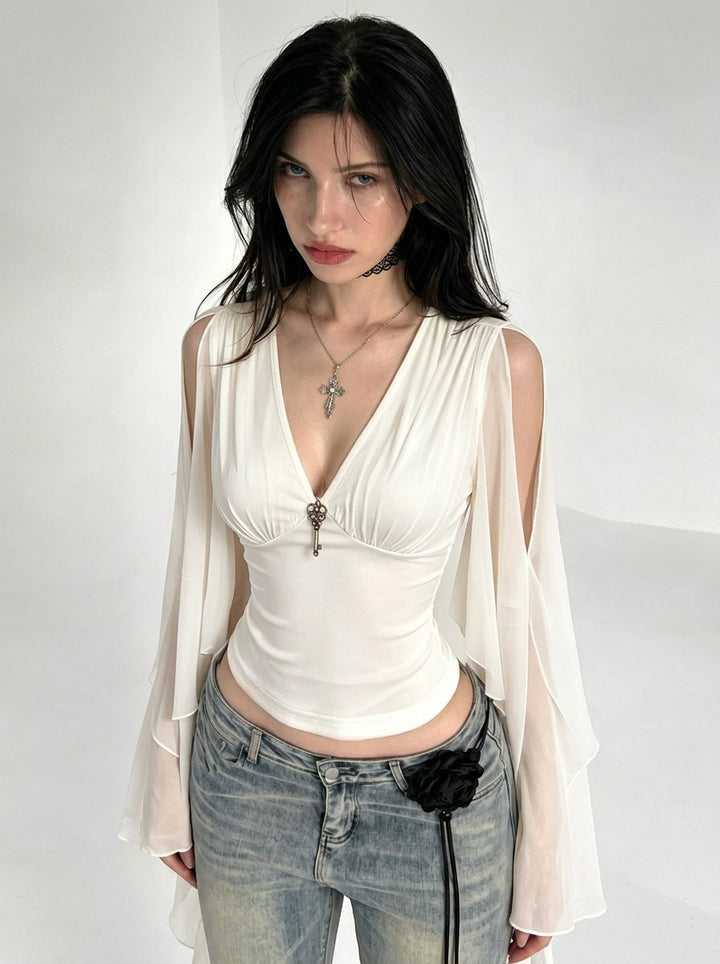Elegant Draped Flutter Sleeve Chiffon Blouse