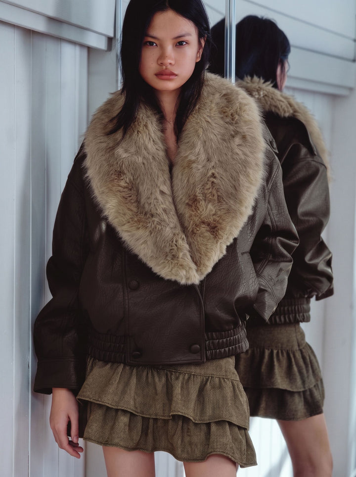 Faux Fur Collar Cropped Leather Jacket