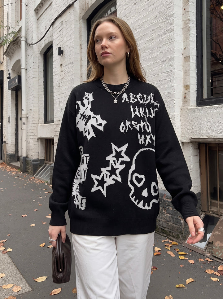 Oversized Graphic Skull Print Sweater