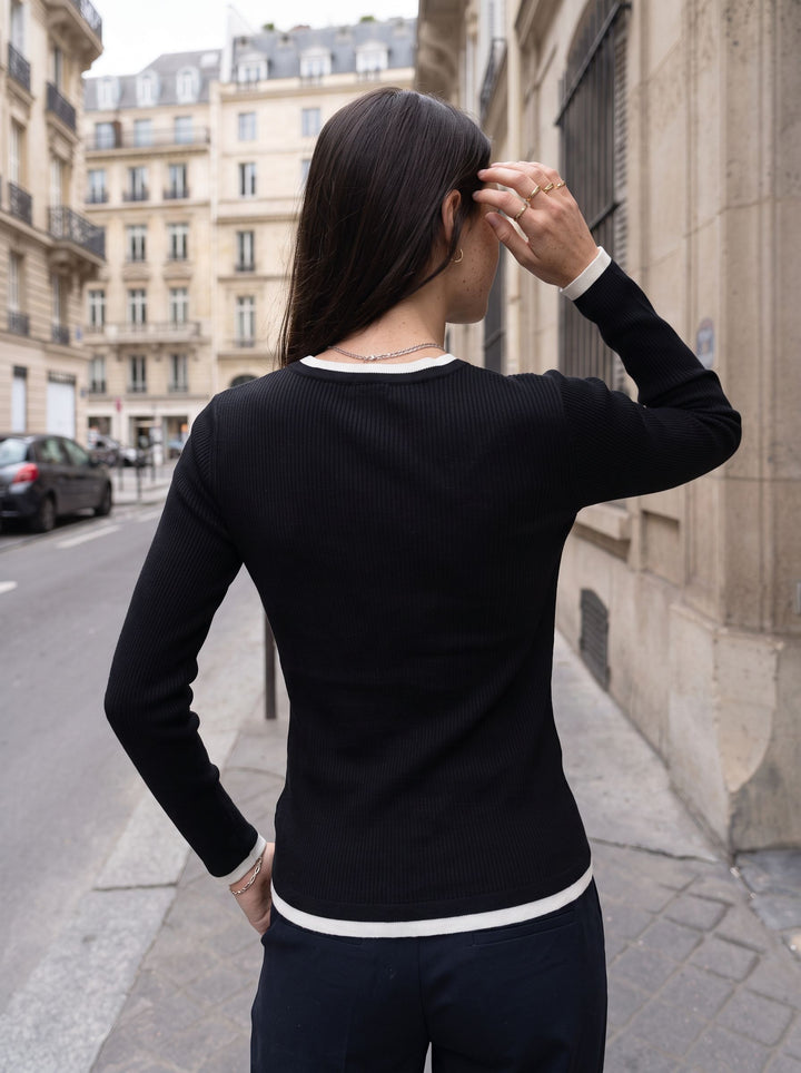 Contrast Trim Ribbed Knit Pullover