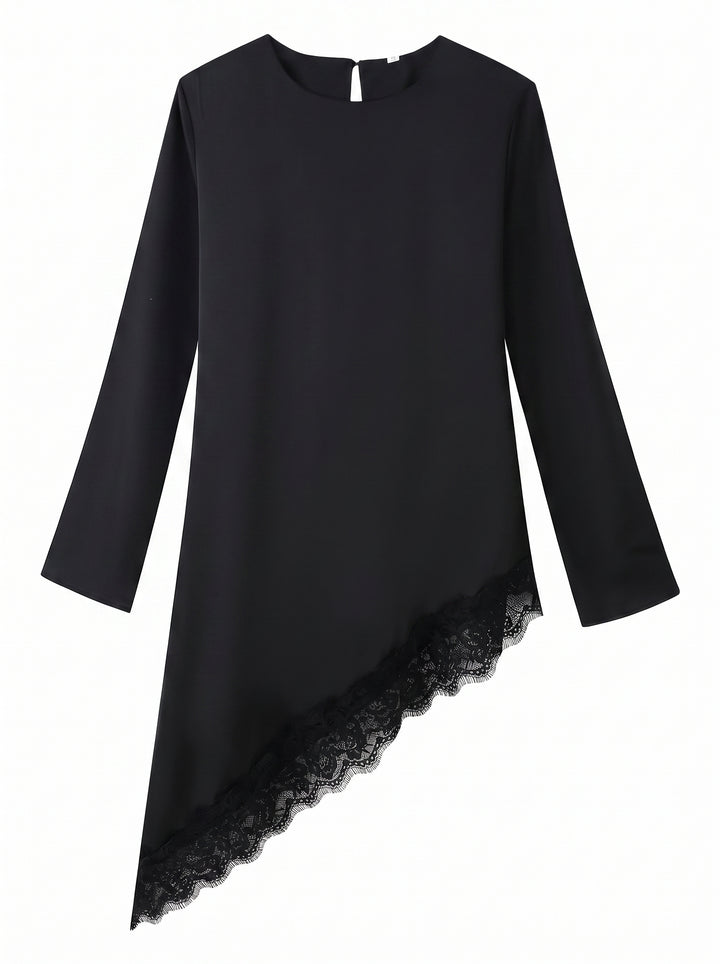 Asymmetric Lace Trim Long Sleeve Dress