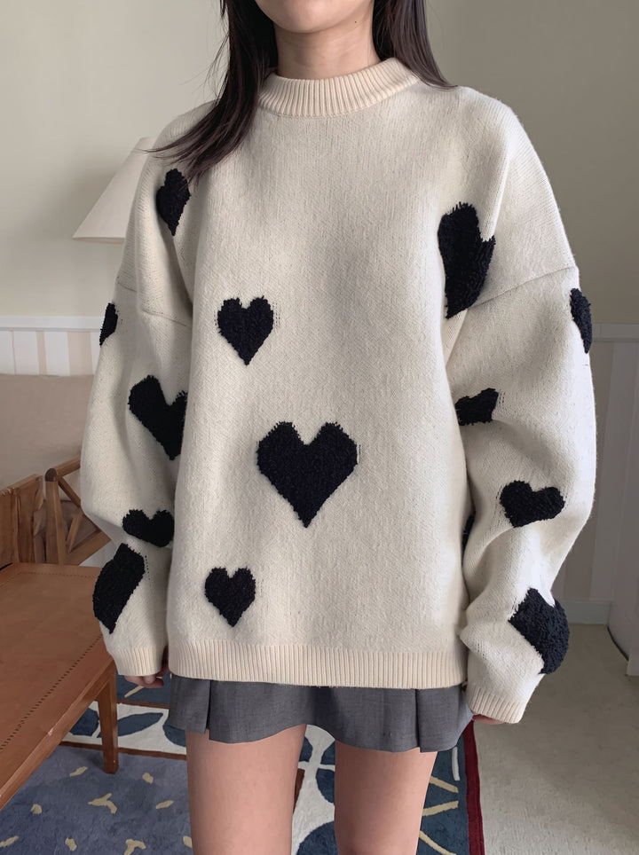 Cozy Textured Heart Pattern Pullover Sweater