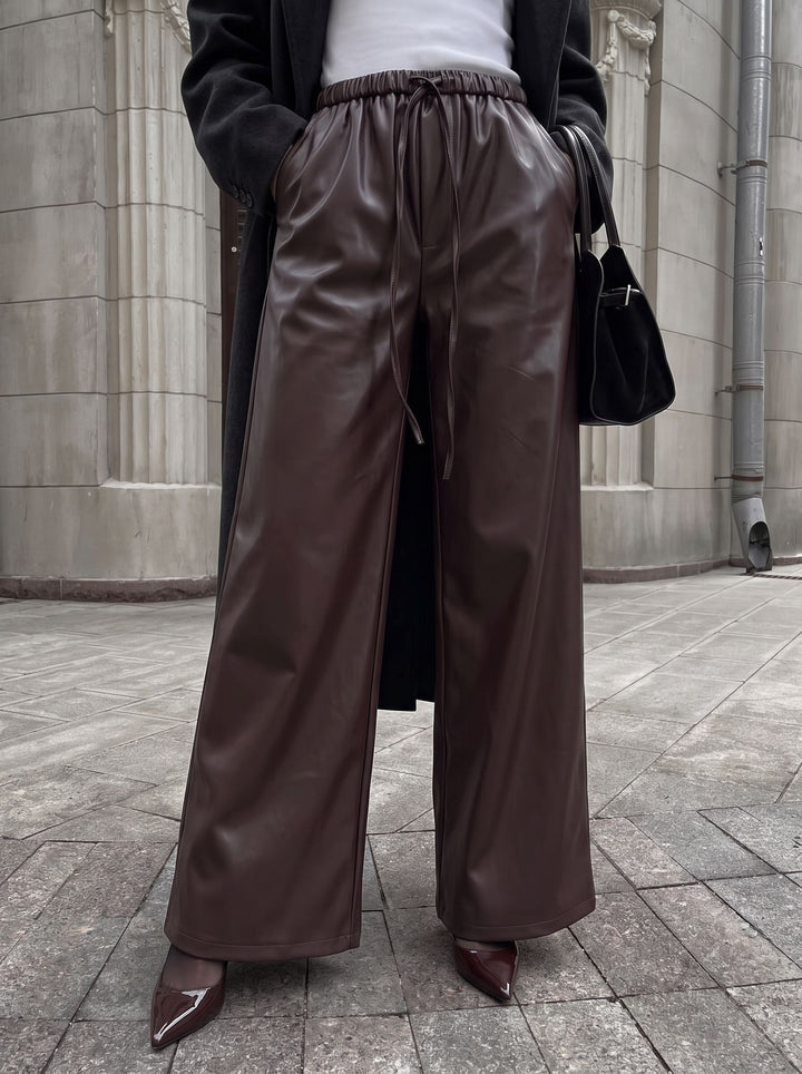 High Waisted Faux Leather Wide Pants