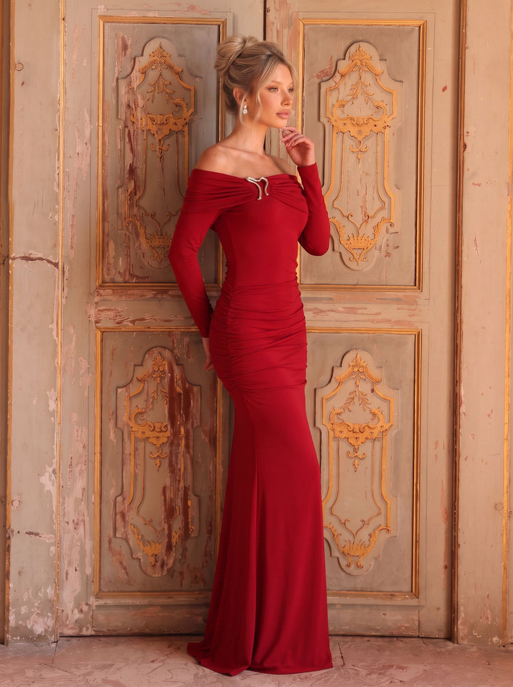 Asymmetric Ruched Off-Shoulder Maxi Bodycon Dress