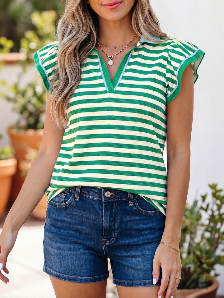 Striped Ruffle Sleeve Polo T-Shirt