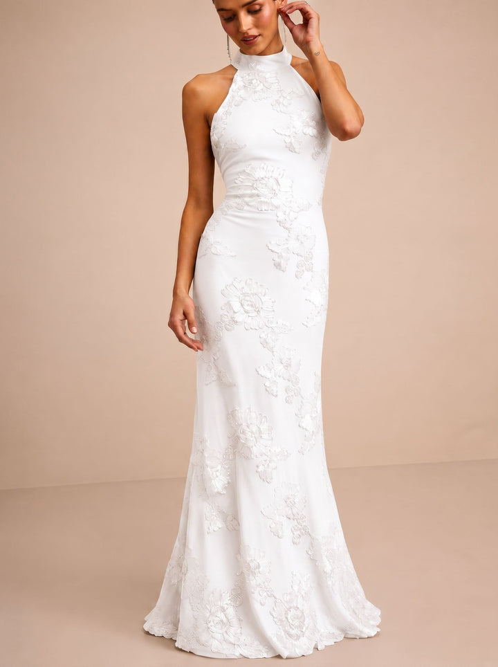 Floral Embroidered Halter Evening Dress