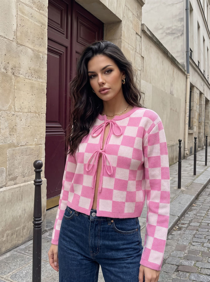 Cute Checkered Tie Front Cardigan