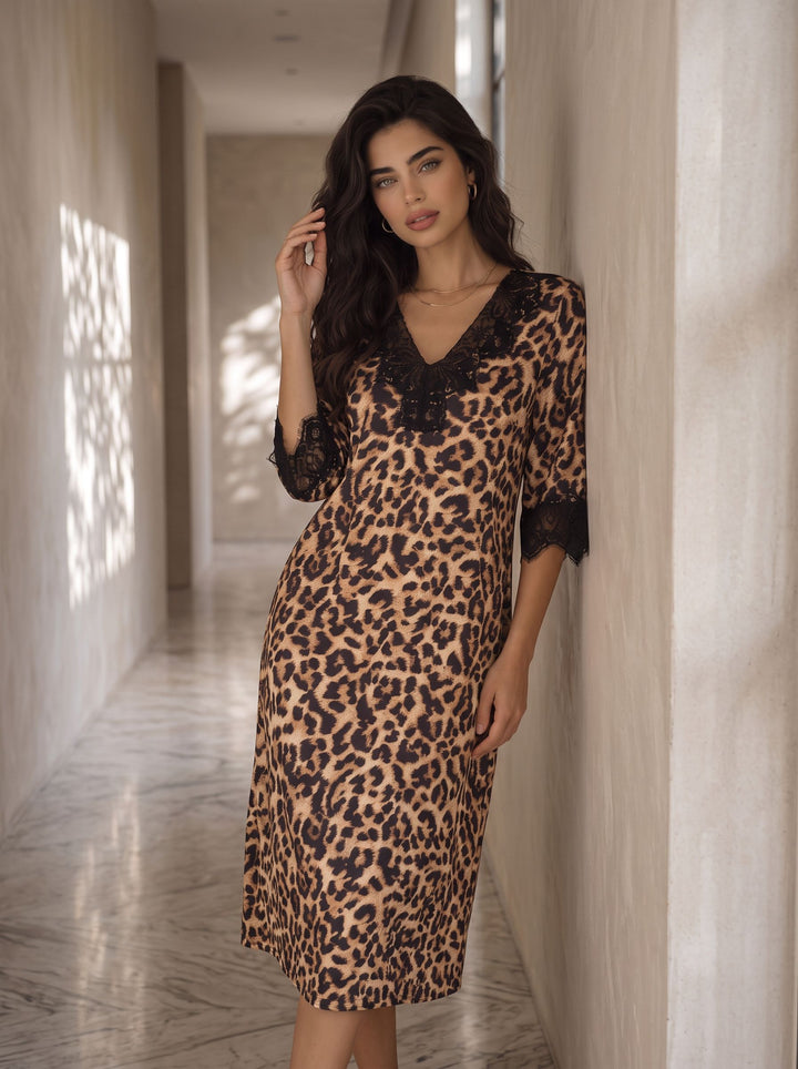 Leopard Lace Trim Nightgown Sleepdress