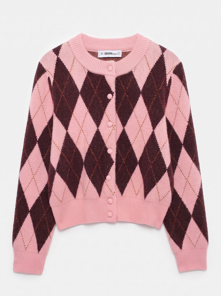 Cropped Argyle Pattern Knit Cardigan