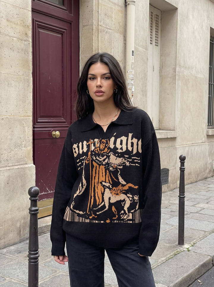 Oversized Graphic Polo Knit Sweater