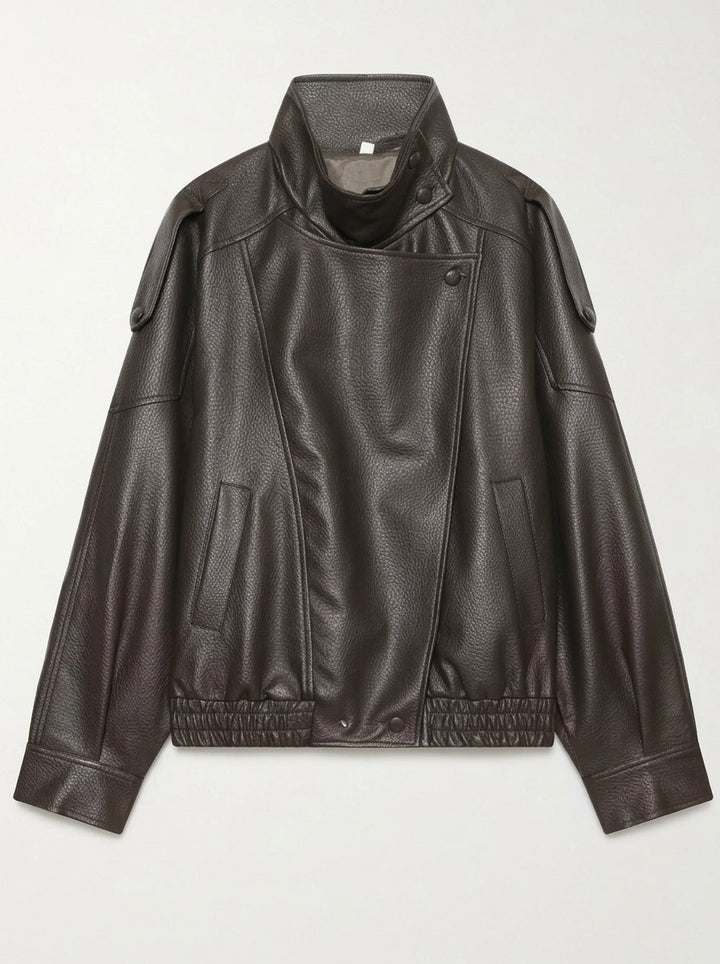Oversized Brown Faux Leather Bomber Jacket