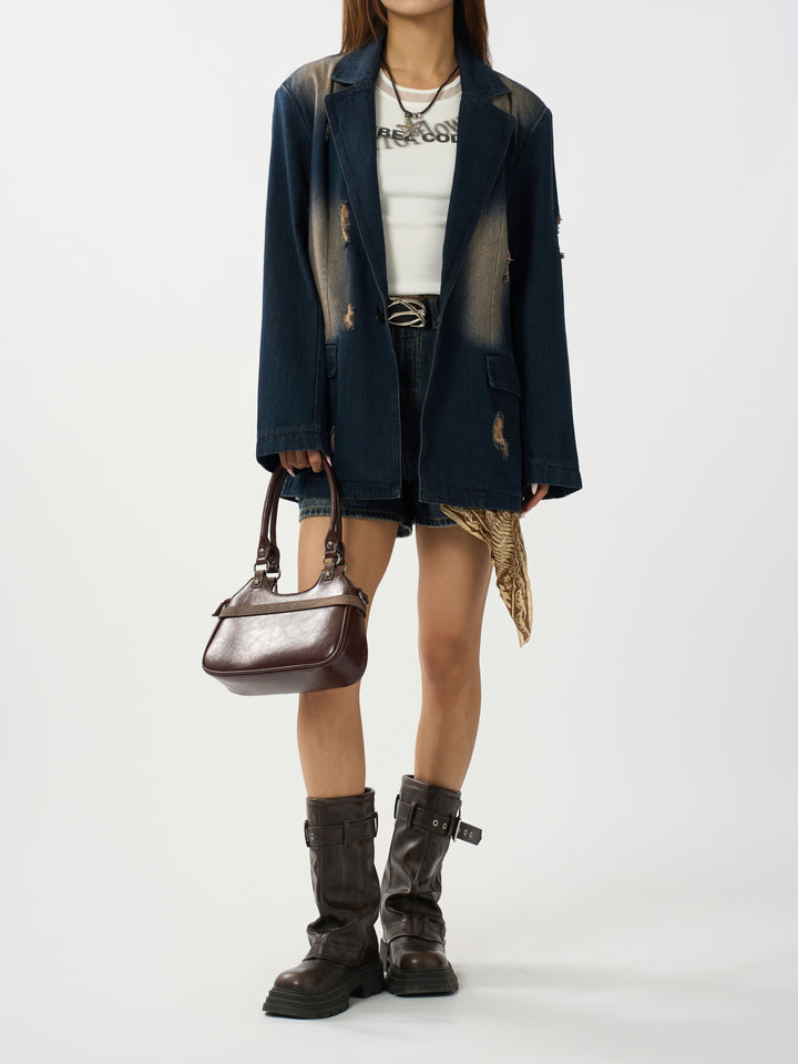 Distressed Oversized Denim Blazer Jacket