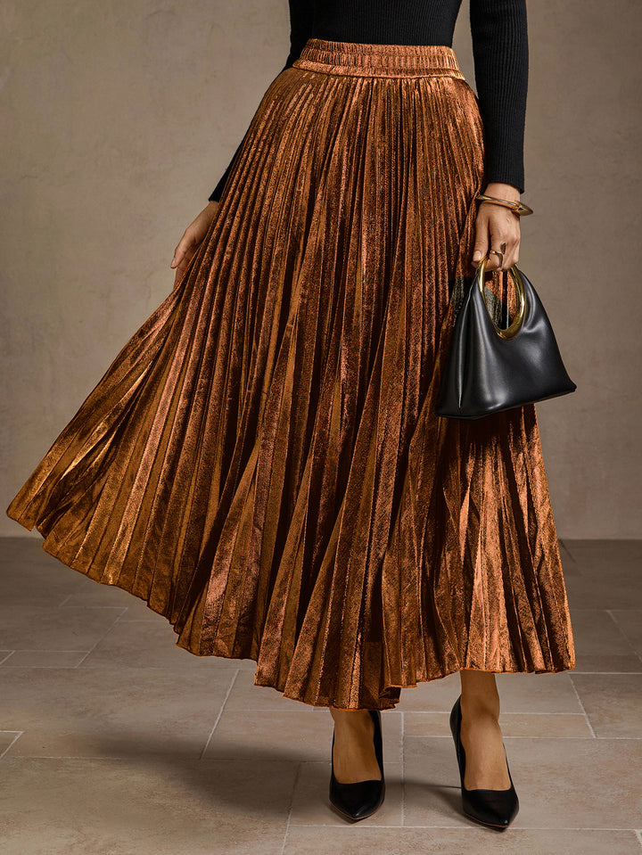 Metallic Pleated High Waisted Midi Skirt