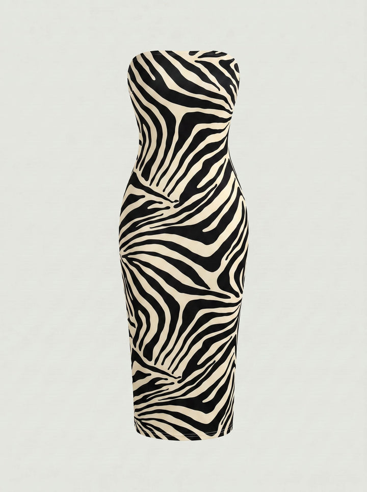 MAIA Zebra Print Strapless Sheath Midi Dress