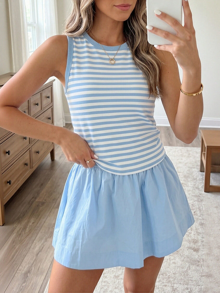 Striped Ribbed Tank Mini Skirt Set