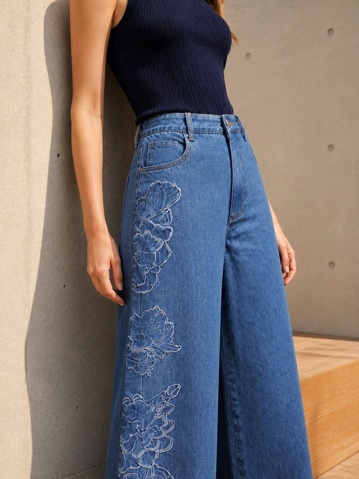 Embroidered High Waisted Wide Leg Jeans