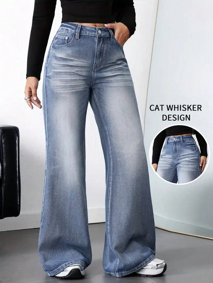 High Waisted Vintage Wash Wide Leg Jeans