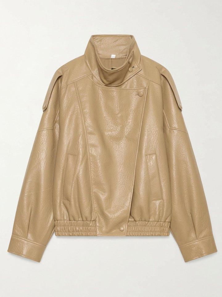 Oversized Brown Faux Leather Bomber Jacket
