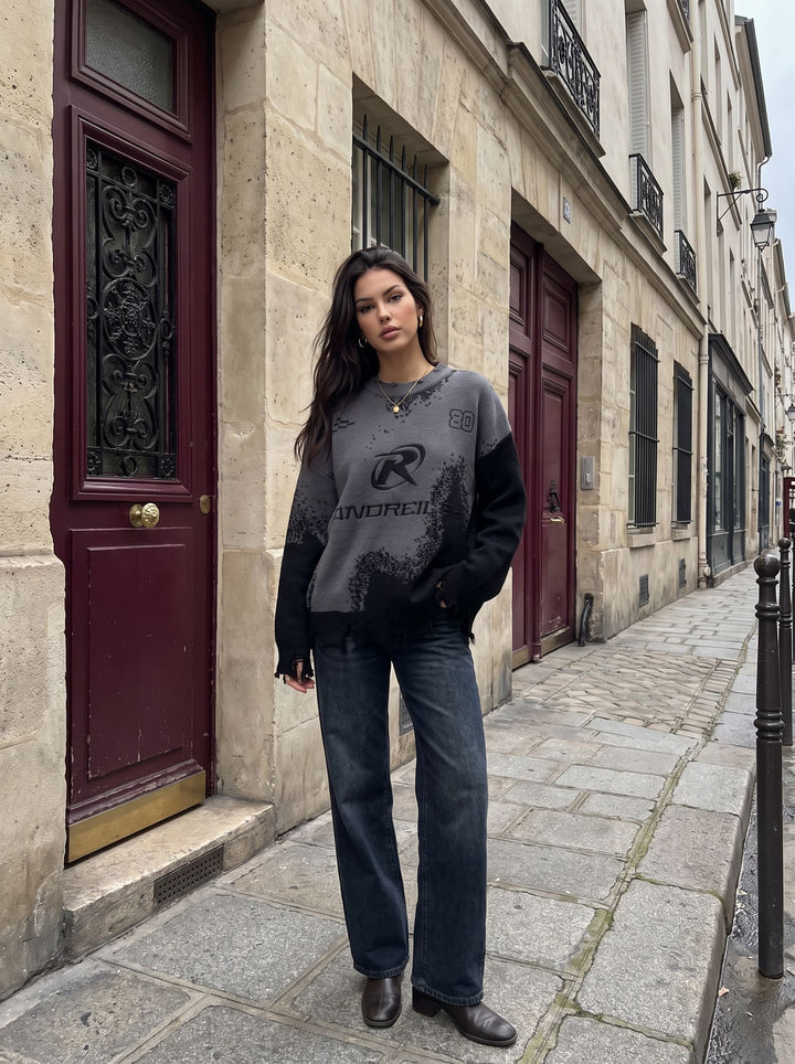 Distressed Oversized Graphic Knit Sweater