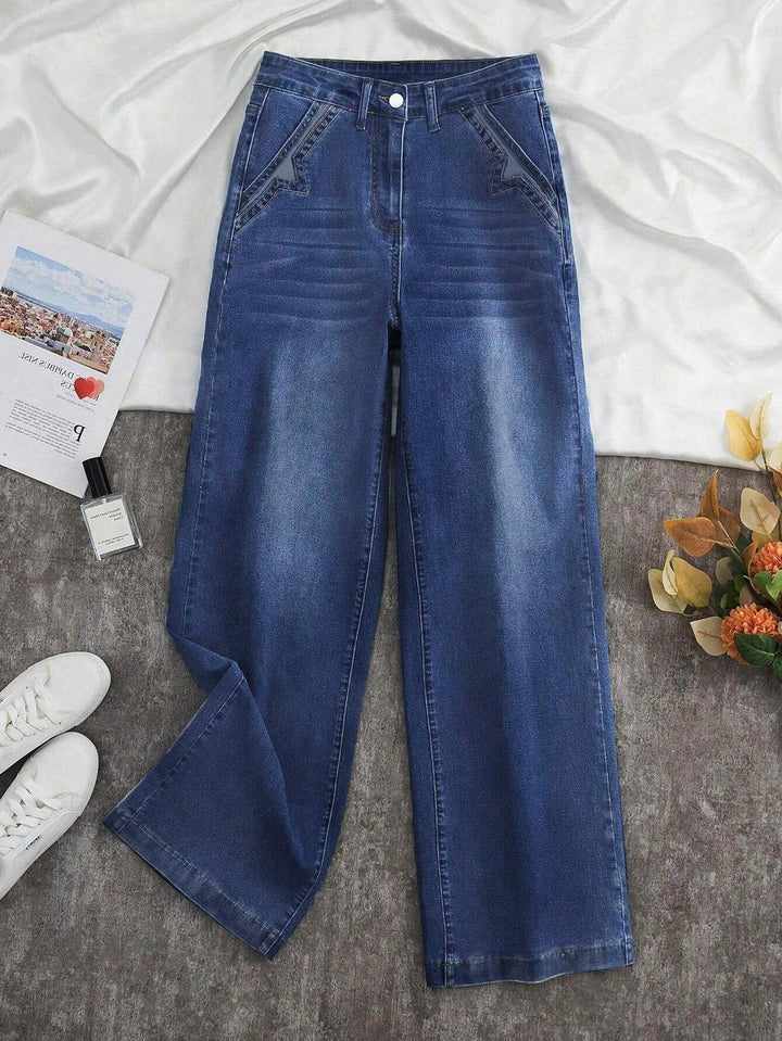 Embroidered High Rise Wide Leg Jeans