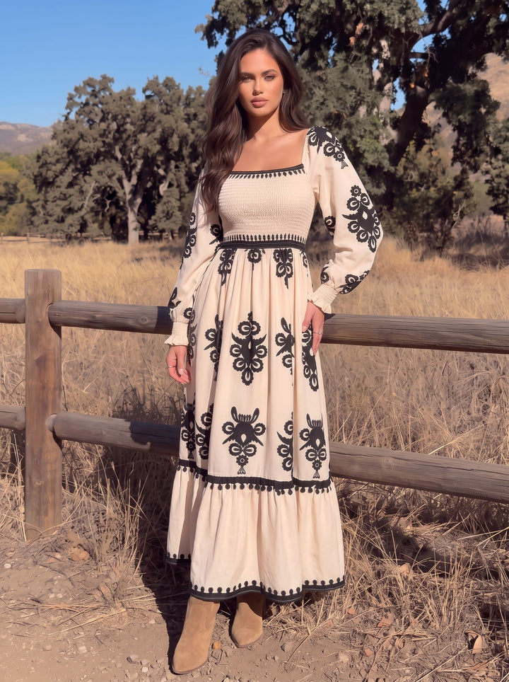 Embroidered Smocked Square Neck Maxi Dress